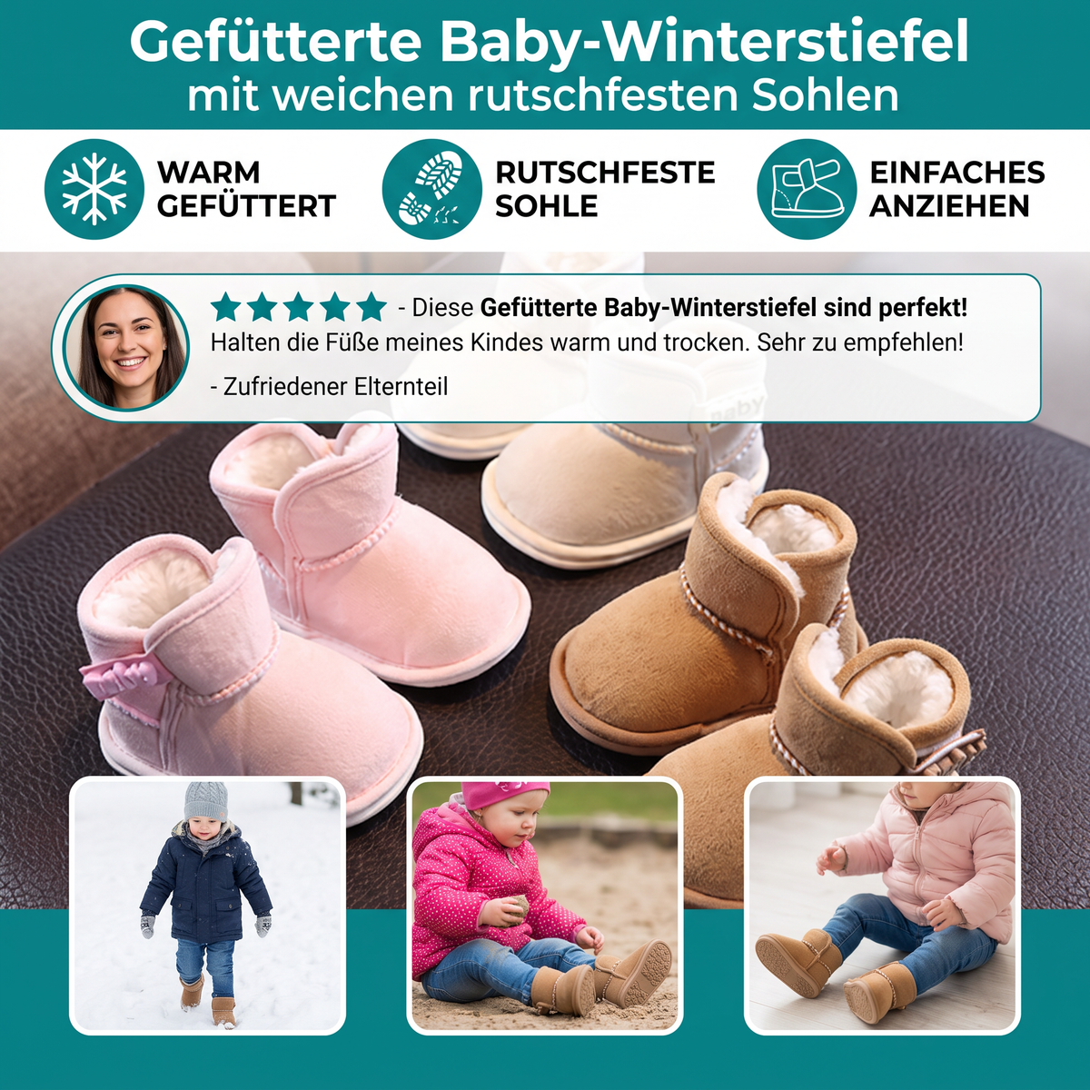 Gefütterte Baby-Winterstiefel mit weichen rutschfesten Sohlen