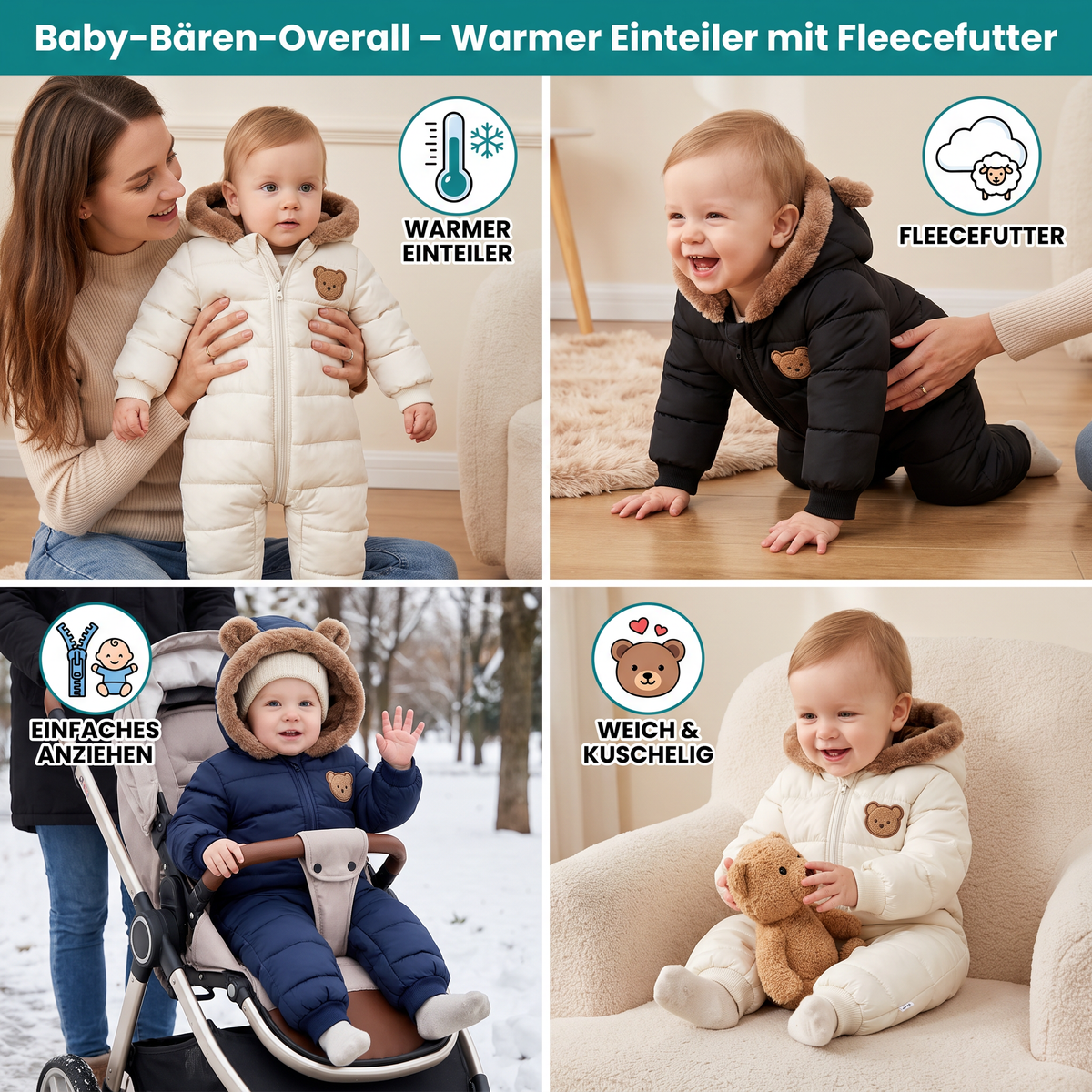 Baby-Bären-Overall – Warmer Einteiler mit Fleecefutter