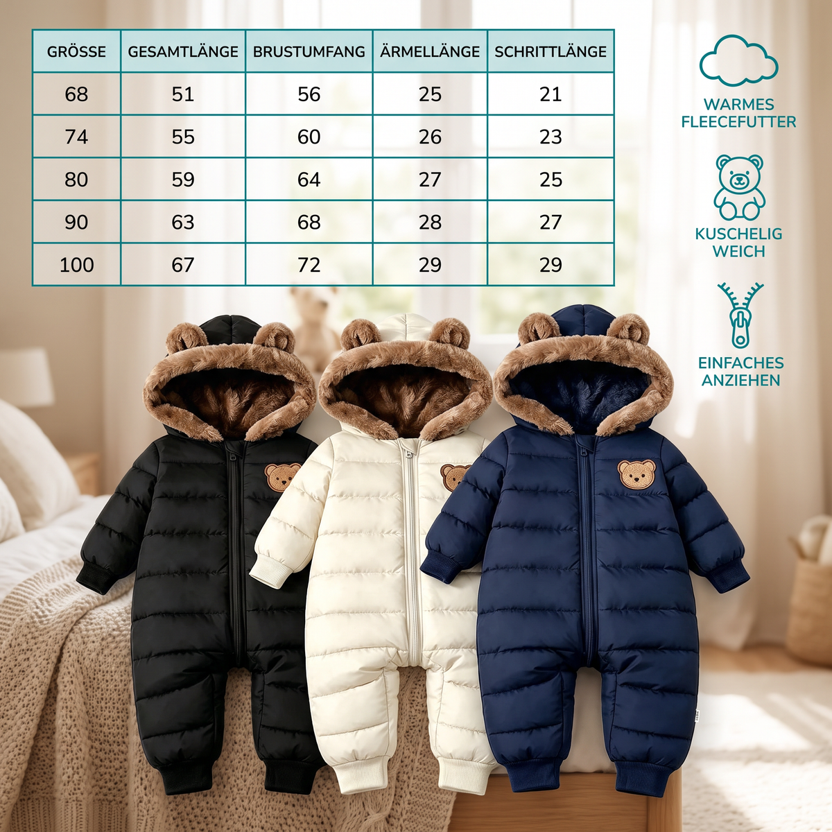 Baby-Bären-Overall – Warmer Einteiler mit Fleecefutter