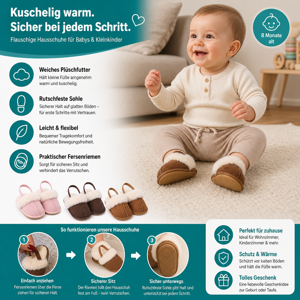 Flauschige Hausschuhe für Babys & Kleinkinder mit weichem Plüschfutter und rutschfesten Sohlen