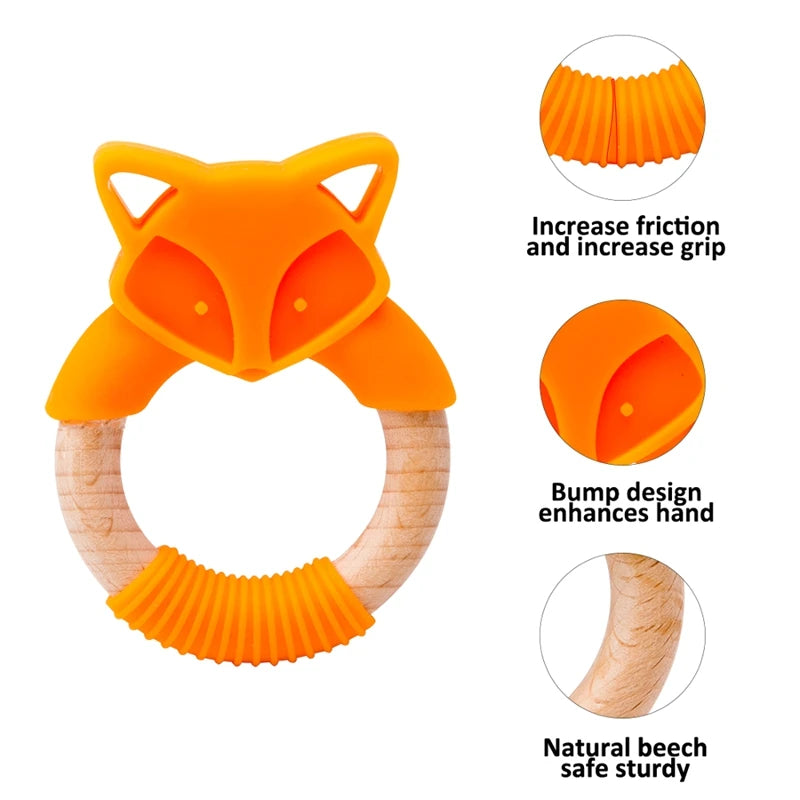 Baby Beißring aus Holz und Silikon – Zahnungshilfe im Fuchsdesign
