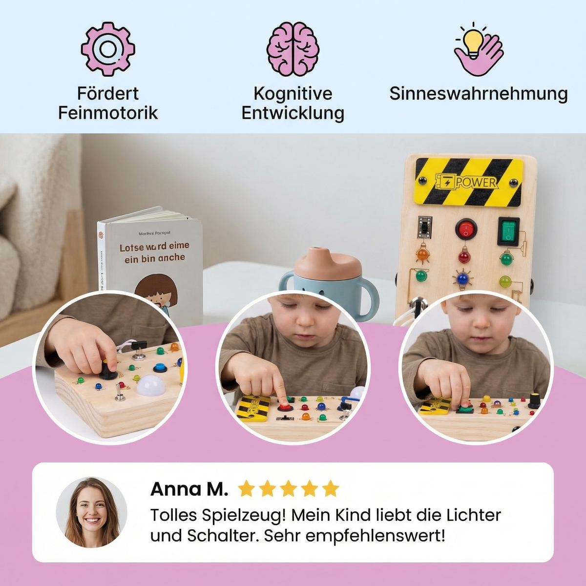 Montessori Sensorik Brett aus Holz mit Licht & Schaltern – Motorikspielzeug für Kinder