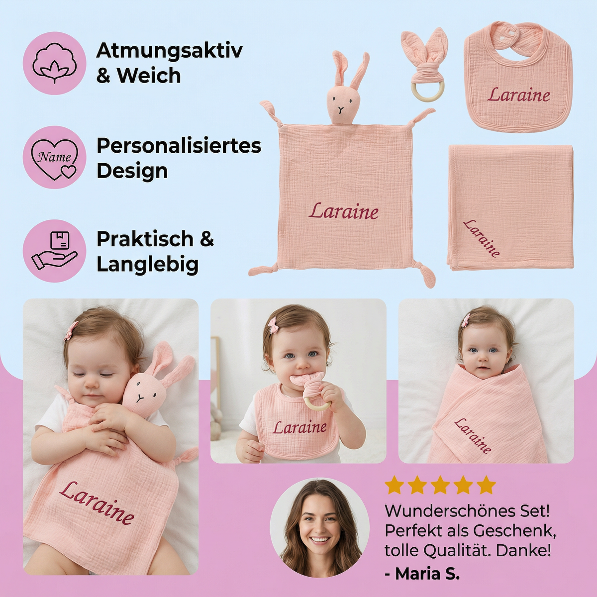 Personalisiertes 4-teiliges Neugeborenen Geschenkset – Musselin, Beißring & Lätzchen (100% Baumwolle)