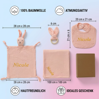Personalisiertes 4-teiliges Neugeborenen Geschenkset – Musselin, Beißring & Lätzchen (100% Baumwolle)