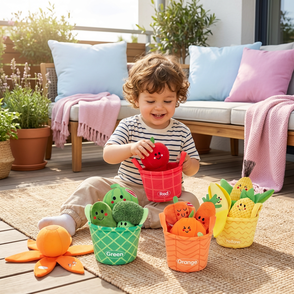 Weiches Obst- & Gemüse-Lernspiel für Babys – 4er Farb-Sortier-Set mit Rassel und Knistereffekt