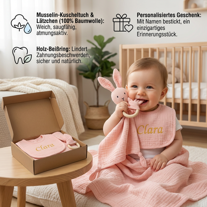 Personalisiertes 4-teiliges Neugeborenen Geschenkset – Musselin, Beißring & Lätzchen (100% Baumwolle)