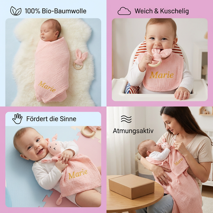 Personalisiertes 4-teiliges Neugeborenen Geschenkset – Musselin, Beißring & Lätzchen (100% Baumwolle)