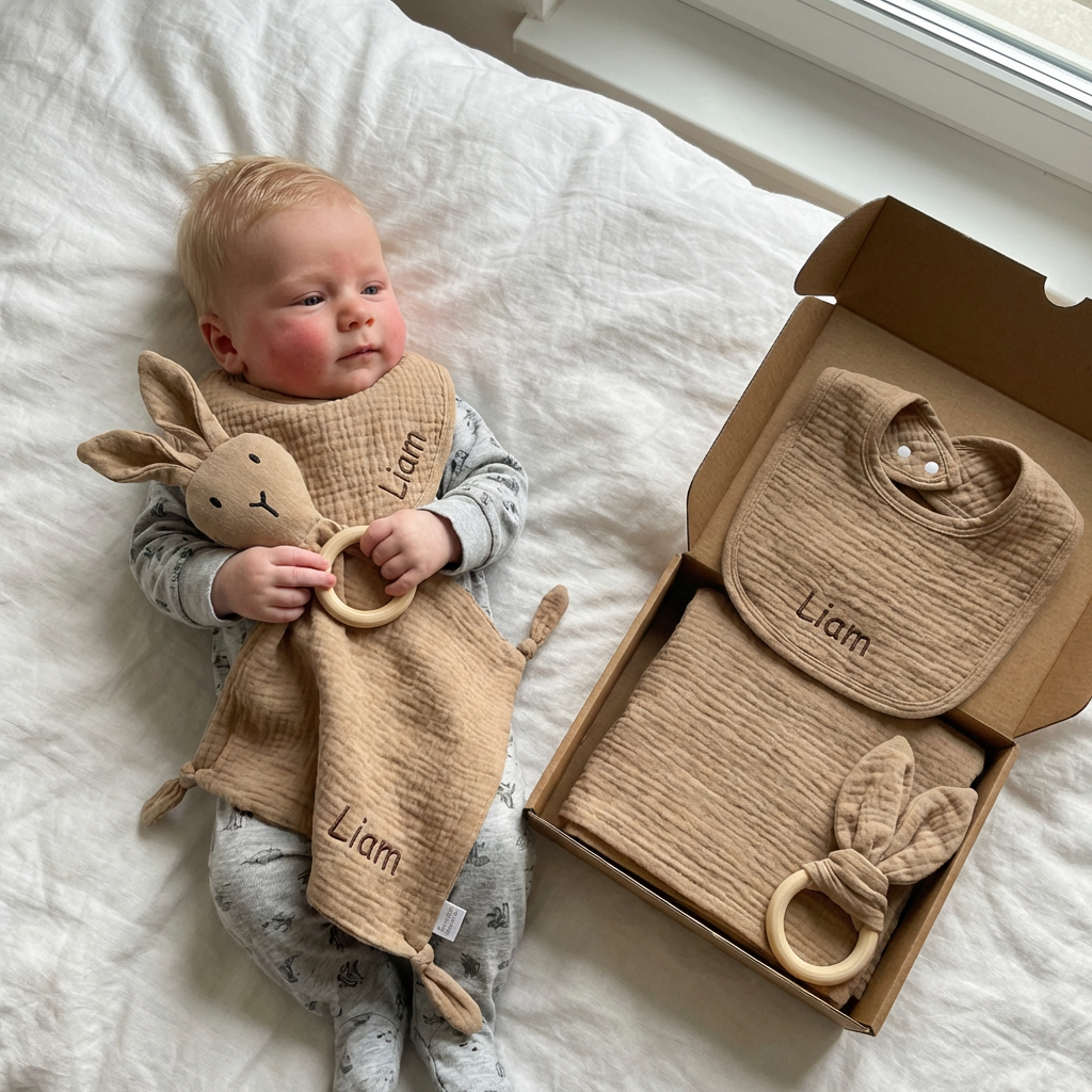 Personalisiertes 4-teiliges Neugeborenen Geschenkset – Musselin, Beißring & Lätzchen (100% Baumwolle)