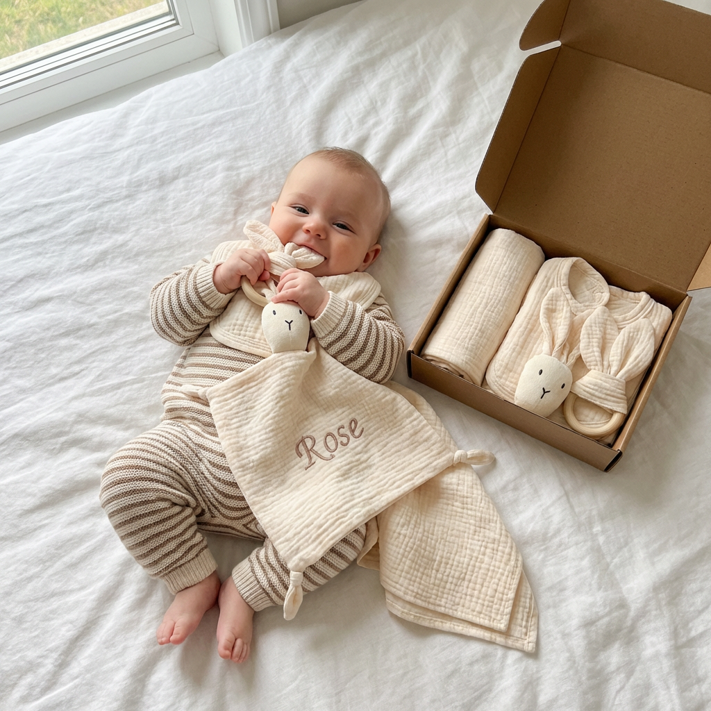 Personalisiertes 4-teiliges Neugeborenen Geschenkset – Musselin, Beißring & Lätzchen (100% Baumwolle)