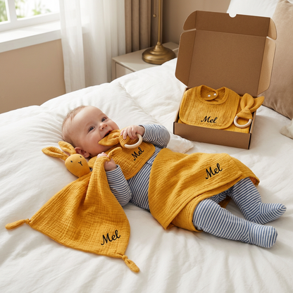 Personalisiertes 4-teiliges Neugeborenen Geschenkset – Musselin, Beißring & Lätzchen (100% Baumwolle)