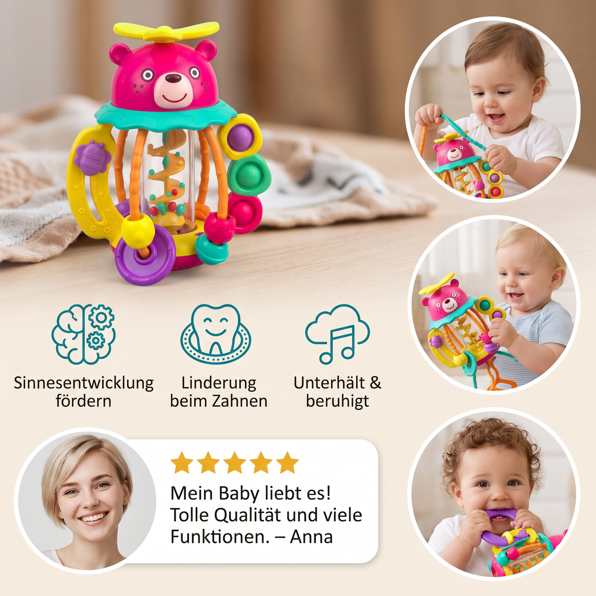 3-in-1 multisensorisches Beißspielzeug mit Zugschnüren, Rassel- & Regengeräuschen für Babys