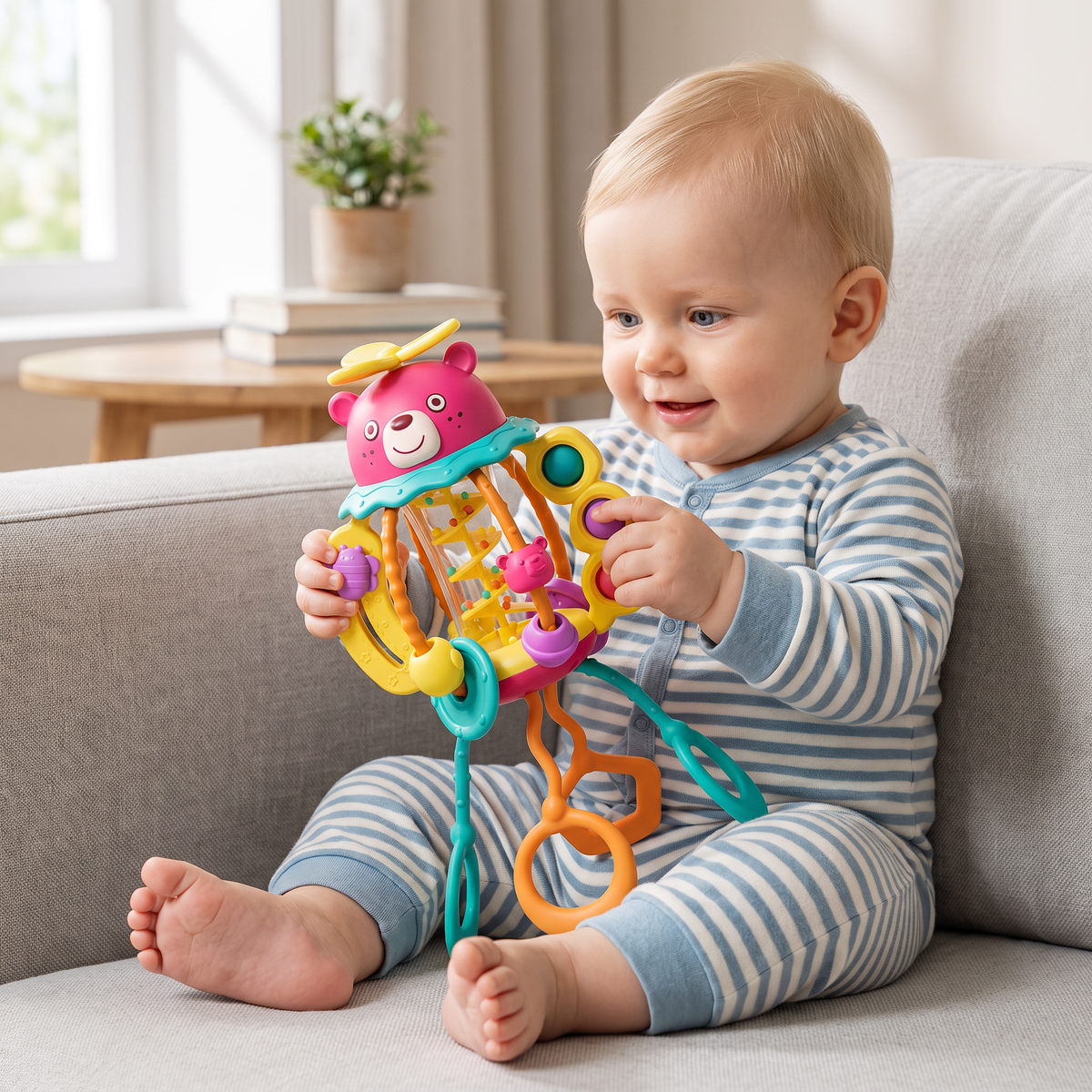 3-in-1 multisensorisches Beißspielzeug mit Zugschnüren, Rassel- & Regengeräuschen für Babys