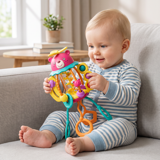 3-in-1 multisensorisches Beißspielzeug mit Zugschnüren, Rassel- & Regengeräuschen für Babys