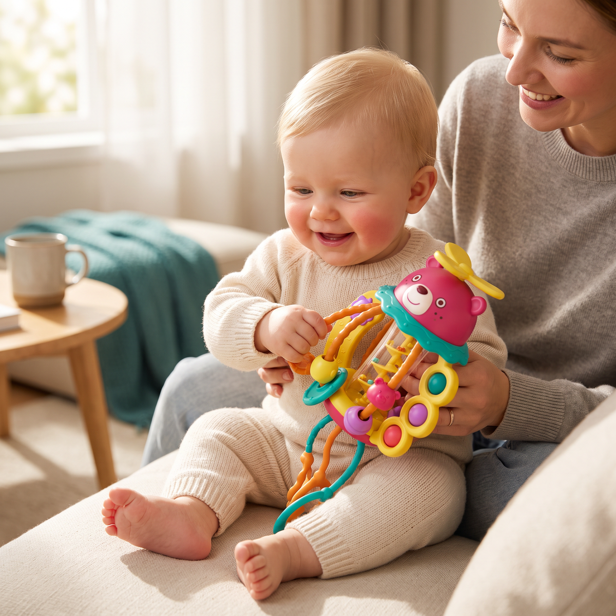 3-in-1 multisensorisches Beißspielzeug mit Zugschnüren, Rassel- & Regengeräuschen für Babys