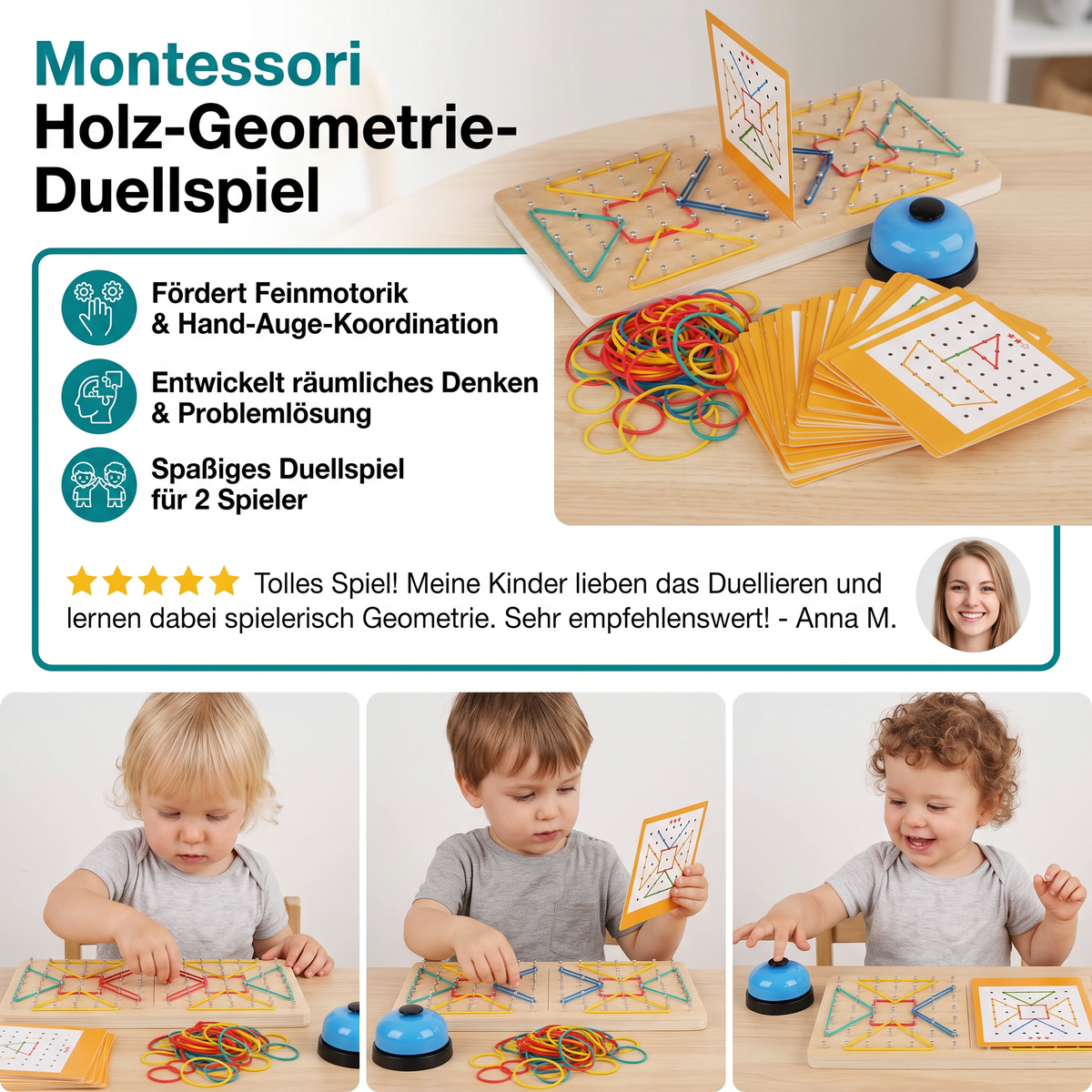 Montessori Holz-Geometrie-Duellspiel mit bunten Gummibändern