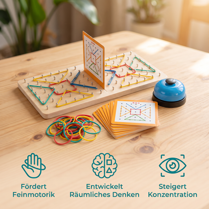 Montessori Holz-Geometrie-Duellspiel mit bunten Gummibändern