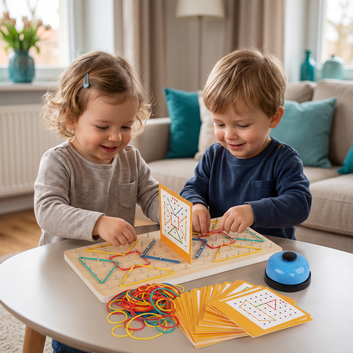 Montessori Holz-Geometrie-Duellspiel mit bunten Gummibändern