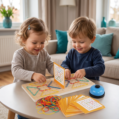 Montessori Holz-Geometrie-Duellspiel mit bunten Gummibändern