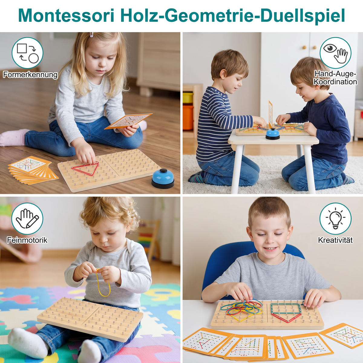 Montessori Holz-Geometrie-Duellspiel mit bunten Gummibändern
