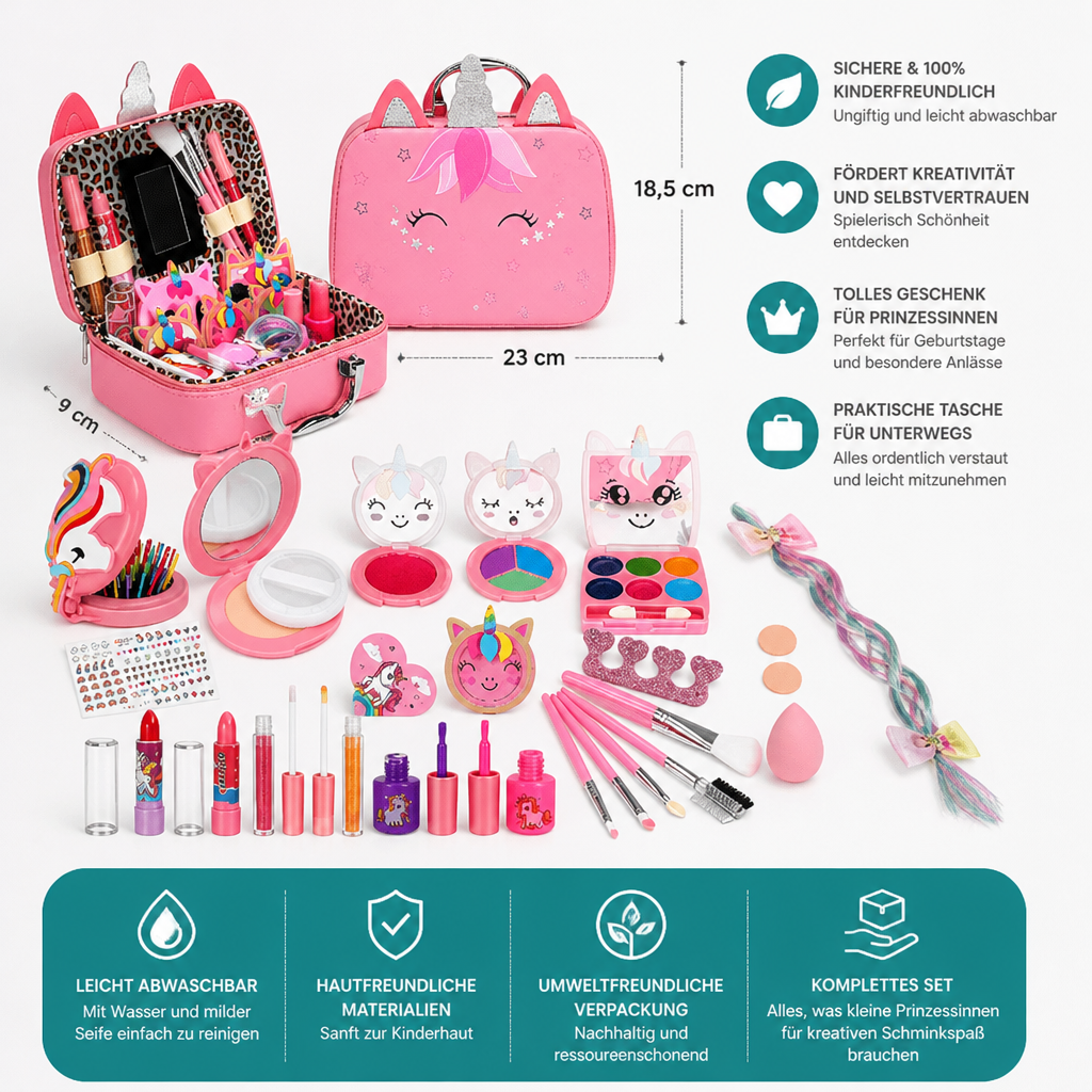 Umweltfreundliches & leicht abwaschbares Prinzessinnen-Make-up-Set für Kinder mit Kosmetiktasche