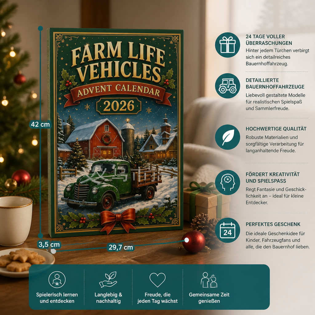 24-Tage-Weihnachts-Adventskalender mit Bauernhoffahrzeugen