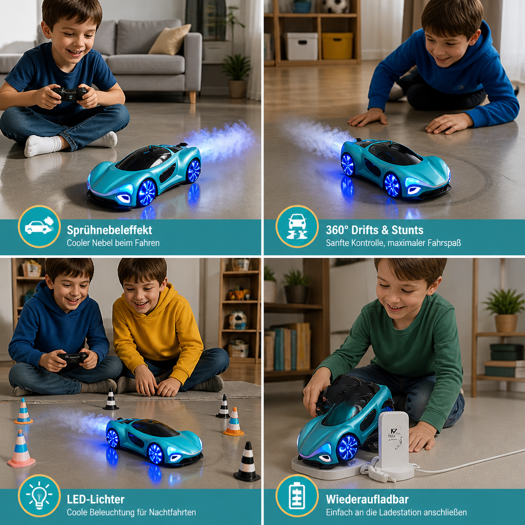 Leuchtendes RC-Driftauto mit Sprüheffekt & Ladestation