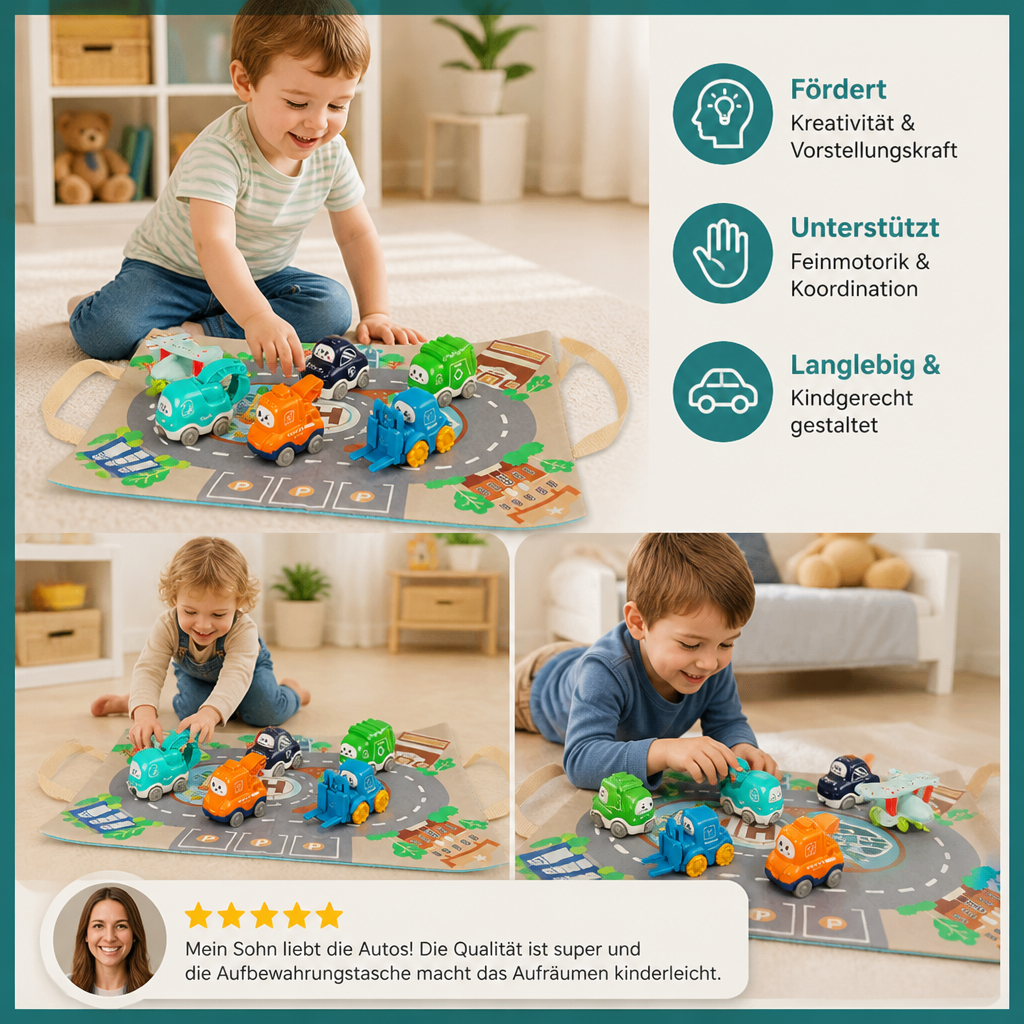 Spielzeug-LKW- & Auto-Set für Kleinkinder mit Spielmatten-Aufbewahrungstasche