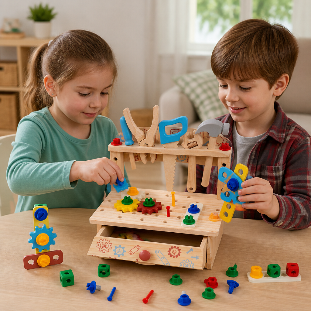 Kinder-Werkbank & Werkzeugset aus Holz – DIY-Bauspielzeug zur Förderung der Feinmotorik