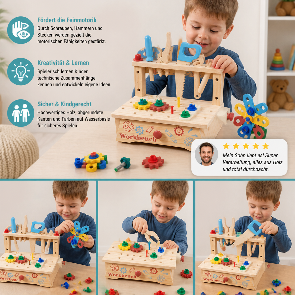 Kinder-Werkbank & Werkzeugset aus Holz – DIY-Bauspielzeug zur Förderung der Feinmotorik