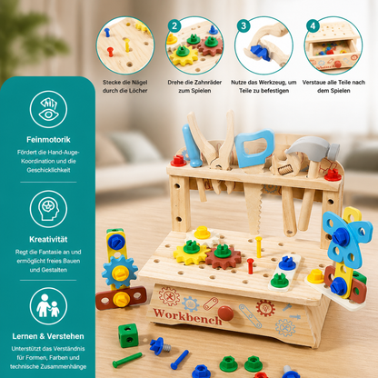 Kinder-Werkbank & Werkzeugset aus Holz – DIY-Bauspielzeug zur Förderung der Feinmotorik