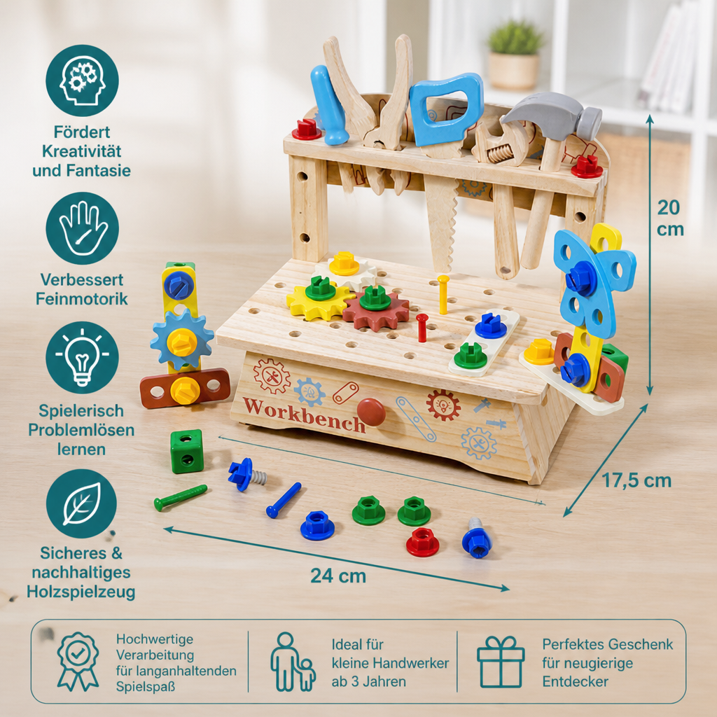 Kinder-Werkbank & Werkzeugset aus Holz – DIY-Bauspielzeug zur Förderung der Feinmotorik