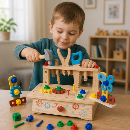 Kinder-Werkbank & Werkzeugset aus Holz – DIY-Bauspielzeug zur Förderung der Feinmotorik