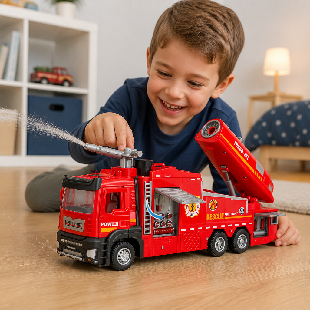 Feuerwehrauto mit Rückziehmotor, Wassersprühfunktion, Licht & Sound