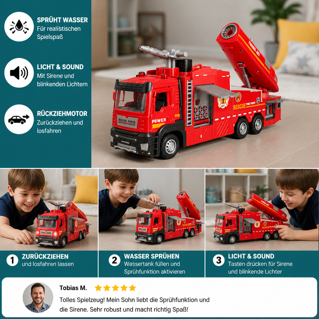 Feuerwehrauto mit Rückziehmotor, Wassersprühfunktion, Licht & Sound
