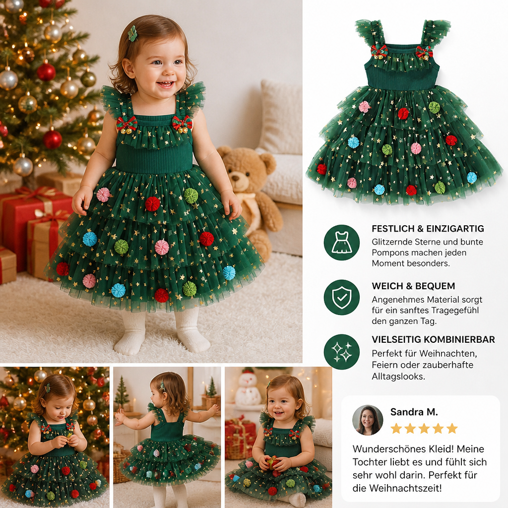 Weihnachtliches Tutu-Kleid für Mädchen mit Pompons, Paillettensternen & Rüschenärmeln