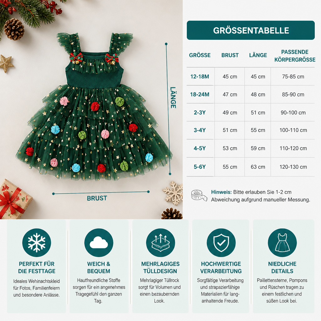 Weihnachtliches Tutu-Kleid für Mädchen mit Pompons, Paillettensternen & Rüschenärmeln