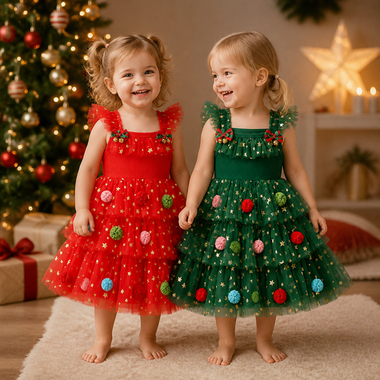 Weihnachtliches Tutu-Kleid für Mädchen mit Pompons, Paillettensternen & Rüschenärmeln