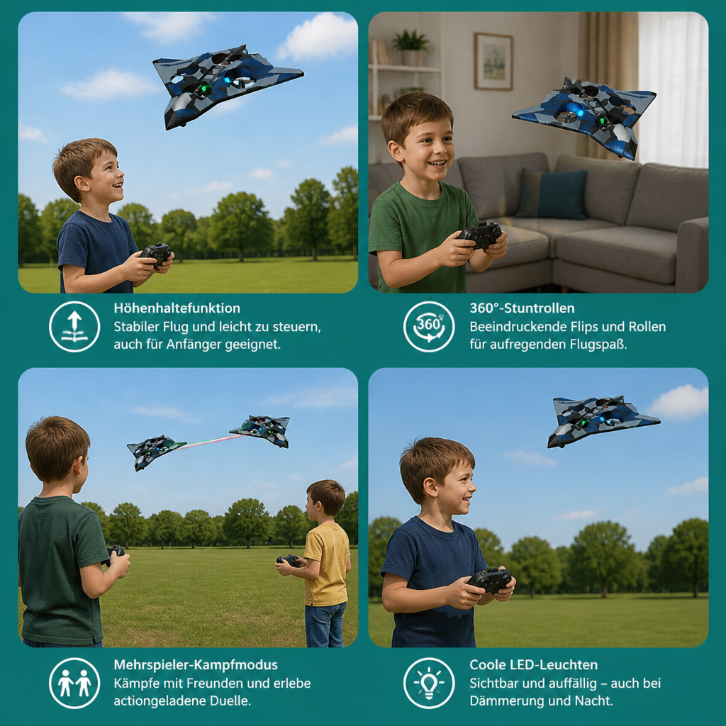 Robustes RC-Kampfflugzeug aus Schaumstoff mit Höhenhaltefunktion & 360°-Stuntrollen