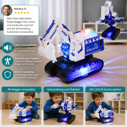 Transformierender Polizei-Roboter-Bagger mit Licht & Sound