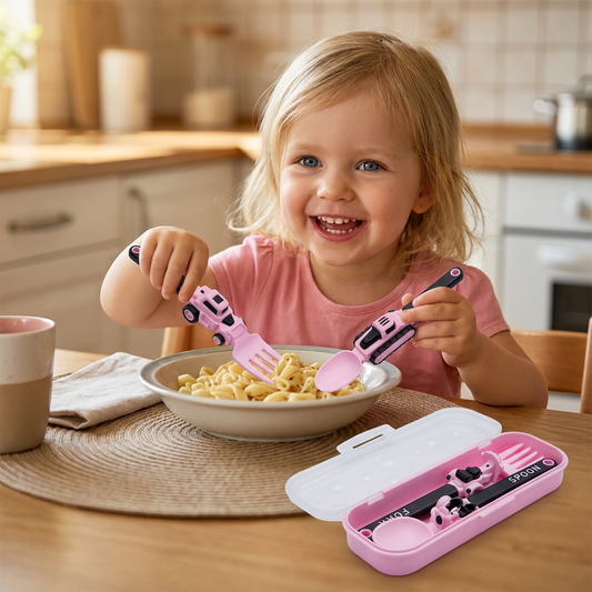 3-teiliges Kinder-Besteckset im Baufahrzeug-Design mit Löffel, Gabel & Reiseetui