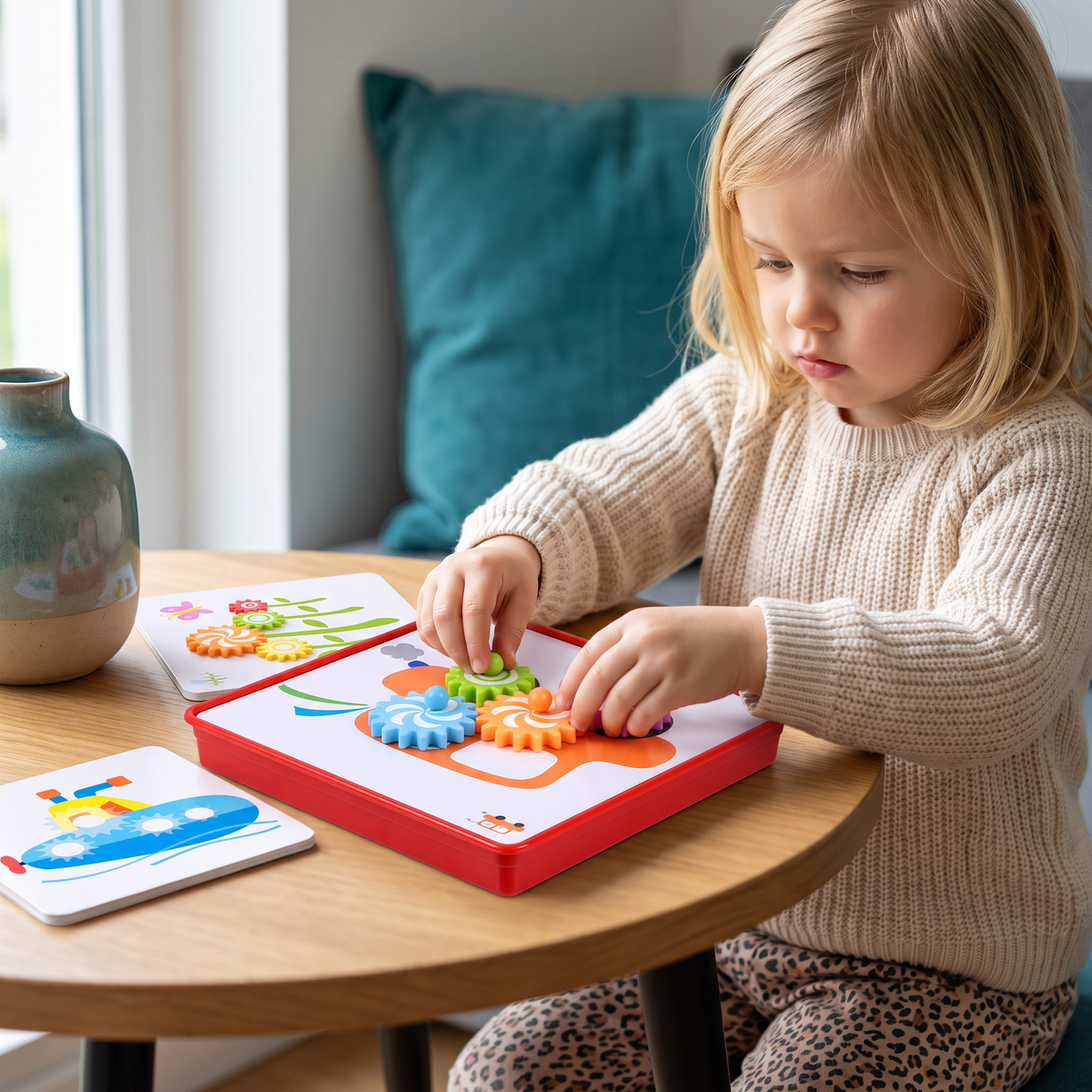 Kreative Zahnrad-Puzzle-Reisebox mit Aktivitätskarten für Kinder