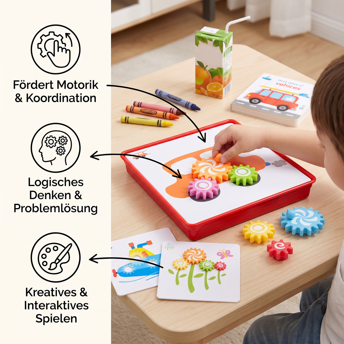 Kreative Zahnrad-Puzzle-Reisebox mit Aktivitätskarten für Kinder