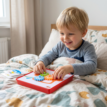 Kreative Zahnrad-Puzzle-Reisebox mit Aktivitätskarten für Kinder
