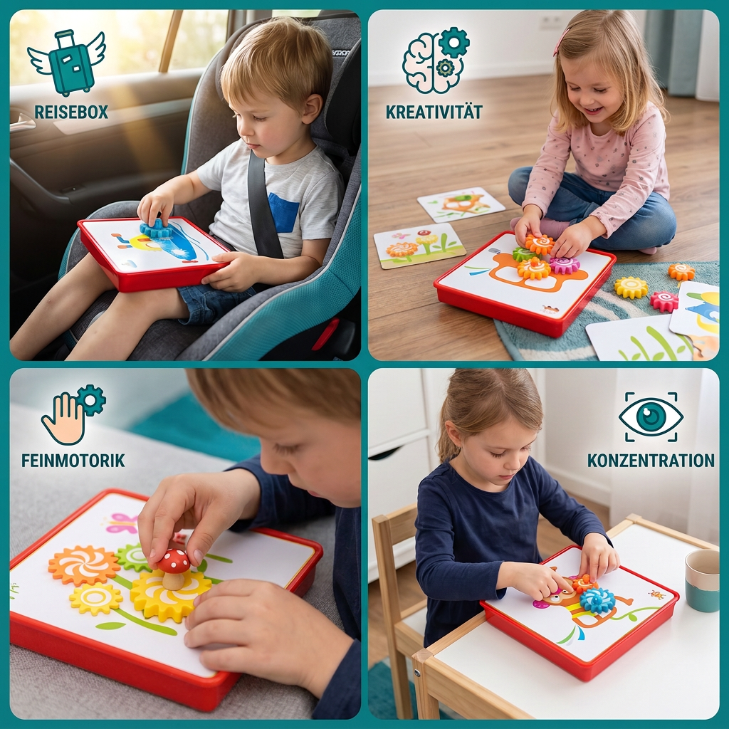 Kreative Zahnrad-Puzzle-Reisebox mit Aktivitätskarten für Kinder