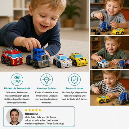 4-teiliges DIY-Stadtfahrzeuge-Set zum Auseinanderbauen mit Spielzeug-Bohrer