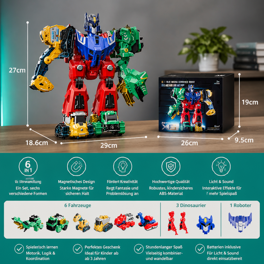 6-in-1 Magnetisches Verwandlungsspielzeug – Baue 6 Fahrzeuge, 3 Dinosaurier & 1 Roboter