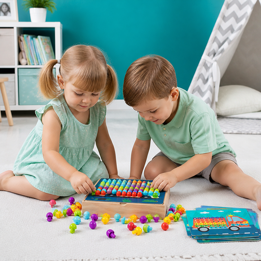 4-in-1 Montessori-Sensorik-Reisebrett aus Holz mit Zahnrädern & bunten Steckelementen