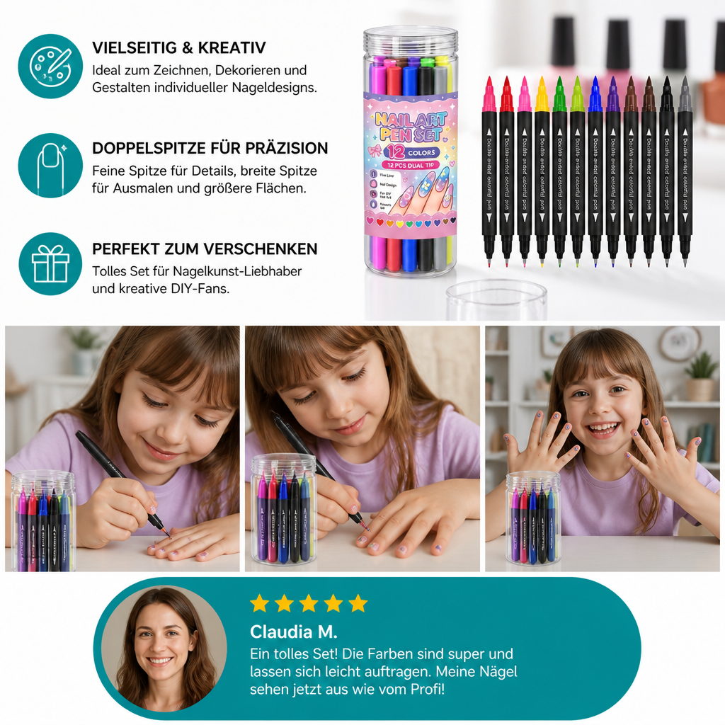 12-Farben-Nail-Art-Stifte-Set mit Doppelspitze – Für feine Details & kreative Designs