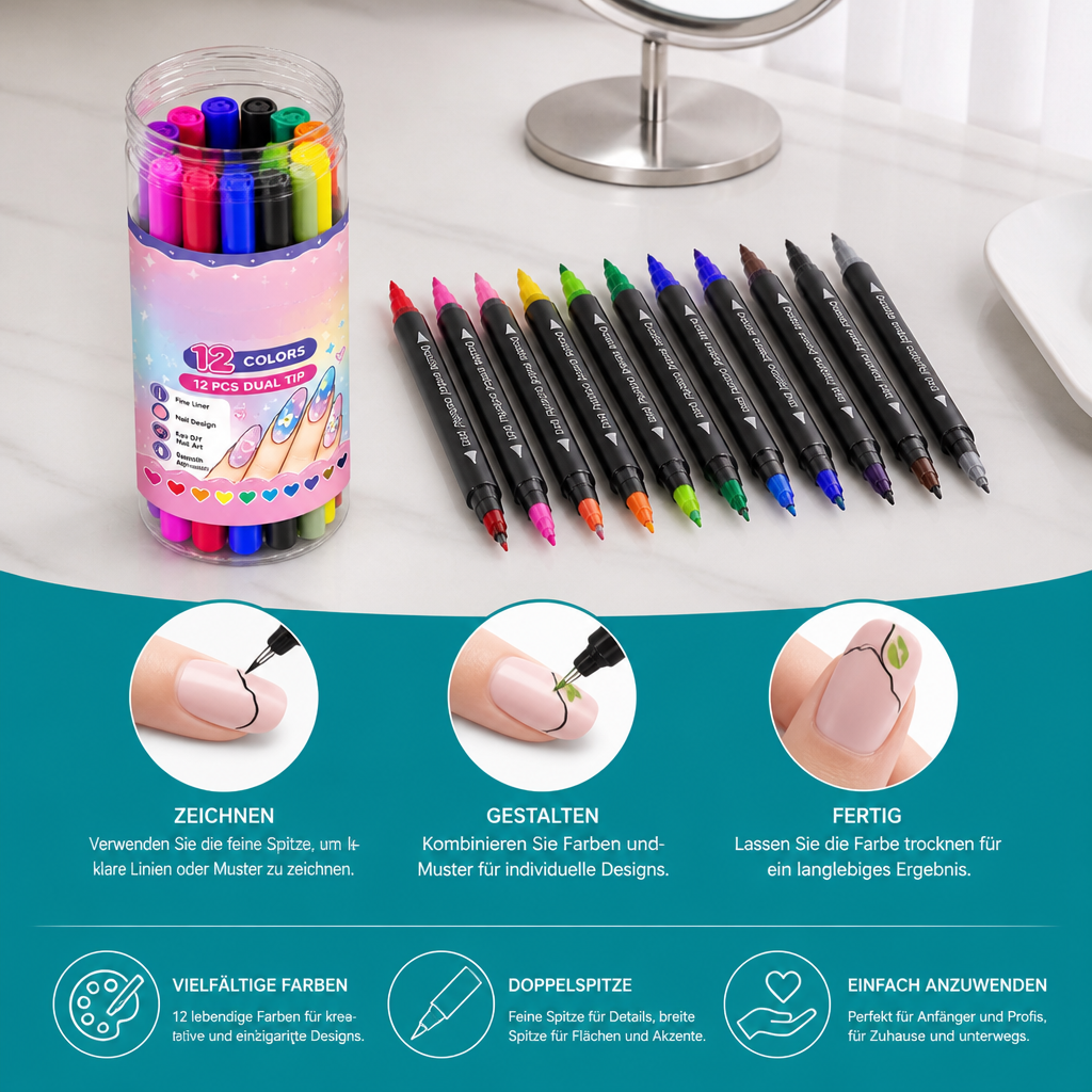 12-Farben-Nail-Art-Stifte-Set mit Doppelspitze – Für feine Details & kreative Designs