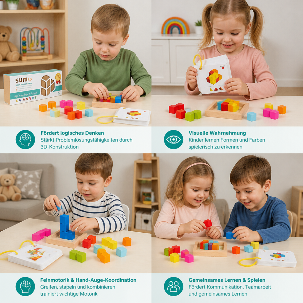 Montessori 3D-Holzpuzzle – Bunte Geometrie-Bausteine & MINT-Denkspiel